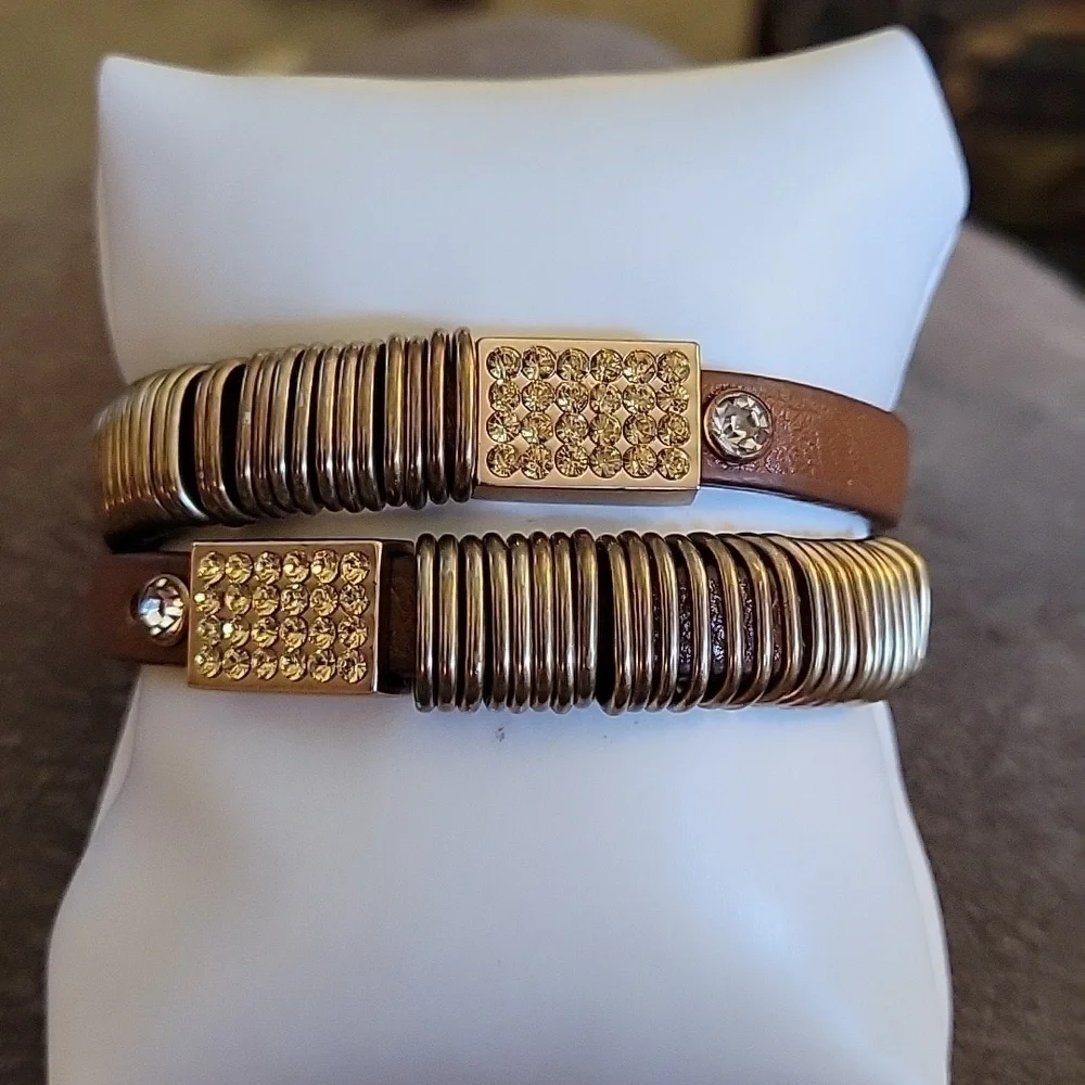 WESTERN Leather Brass Rhinestone Yellow Pave Belt Wrap Bracelet